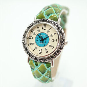 Cecil Turquoise Silver Tone Womens Watch 32mm Green Leather Strap w New Battery